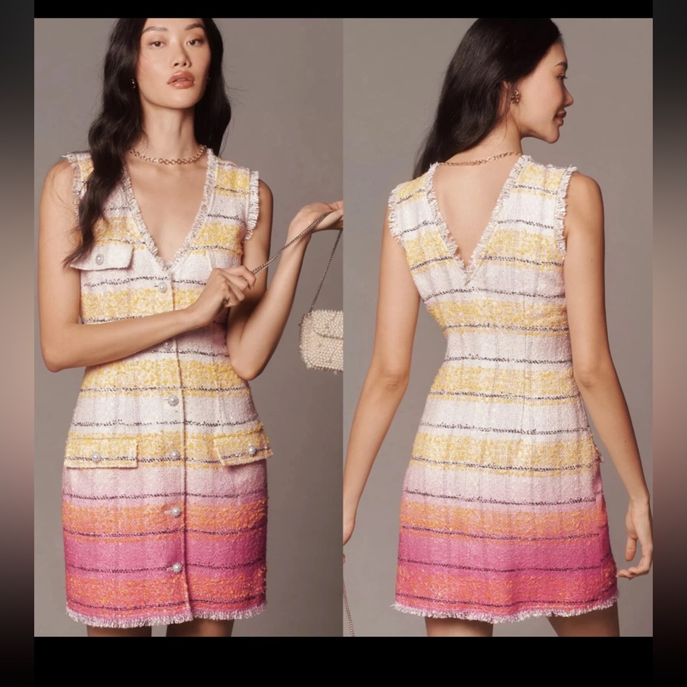 NWOT Anthropologie MAEVE Sleeveless TWEED Stripes FRAYED Mini DRESS Size 2